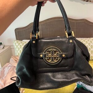 Tory Burch Black Leather Shoulder Bag with Gold Accents